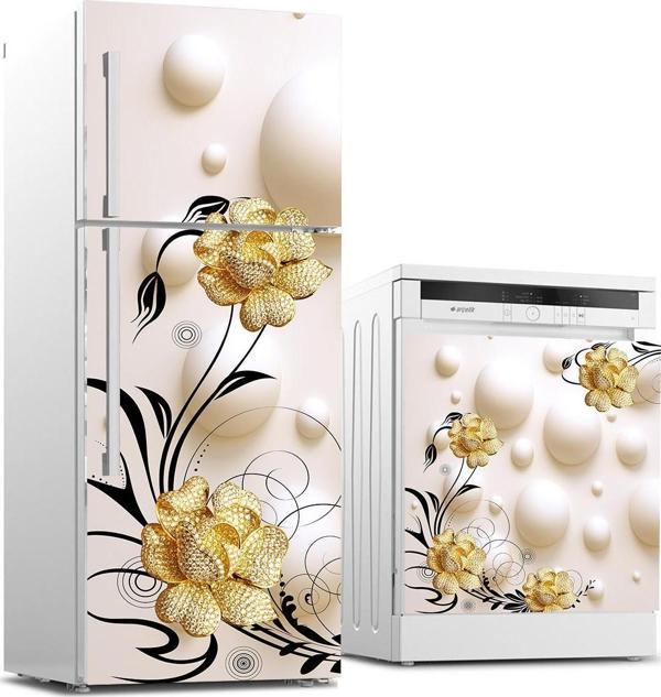 Buzdolabı ve Bulaşık Makinası Beyaz Eşya Sticker Kaplama Altın Çiçek - Image 1