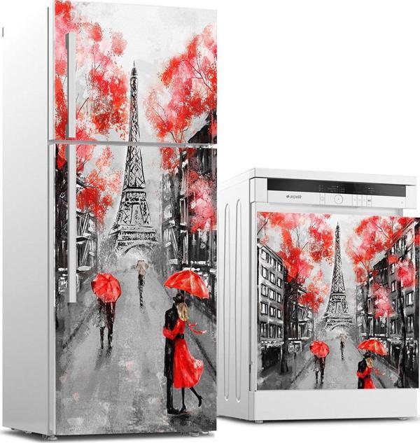 Buzdolabı ve Bulaşık Makinası Beyaz Eşya Sticker Kaplama Eyfel Kırmızı Yağlıboya - Image 1