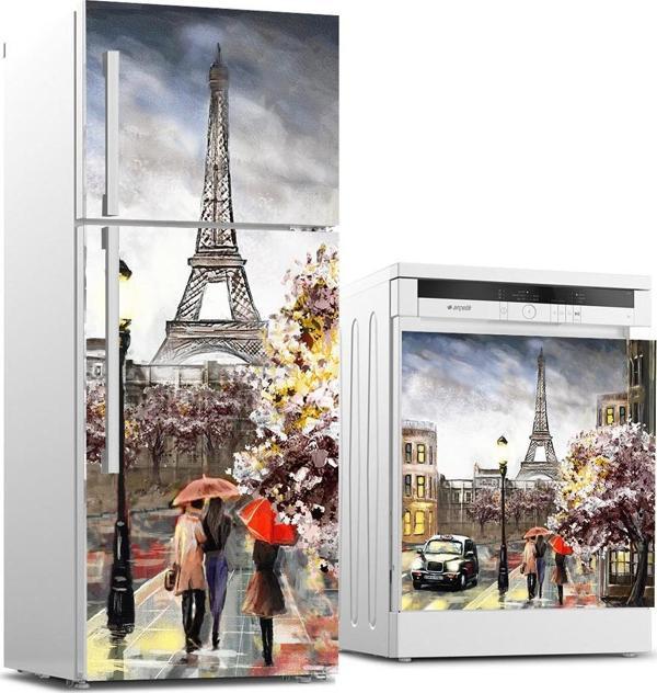 Buzdolabı ve Bulaşık Makinası Beyaz Eşya Sticker Kaplama Eyfel Renkli Yağlıboya - Image 1