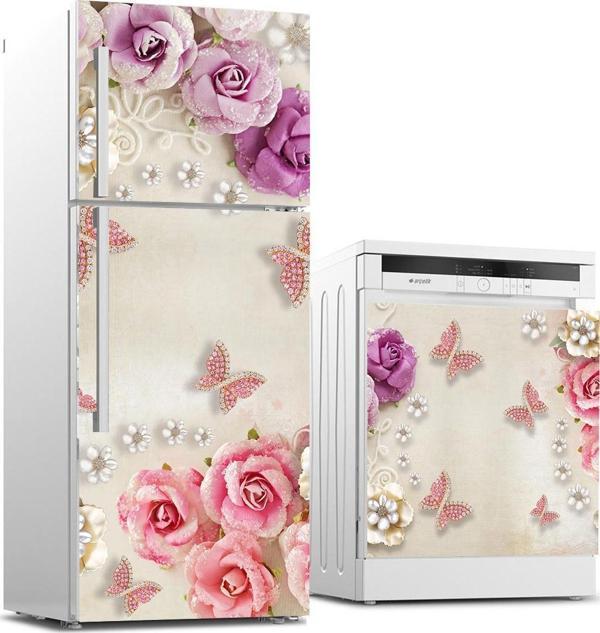 Buzdolabı ve Bulaşık Makinası Beyaz Eşya Sticker Kaplama Gül Kelebek - Image 1