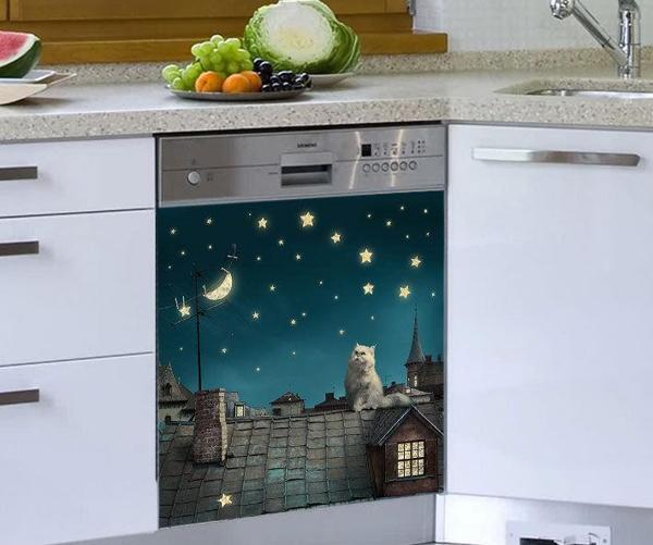 Bulaşık Makinesi Sticker Kaplama Beyaz Eşya Kaplama Gece Kedi - Image 1