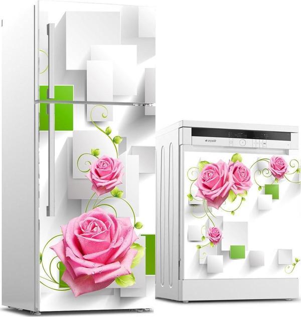 Buzdolabı ve Bulaşık Makinası Beyaz Eşya Sticker Kaplama Pembe Gül Yeşil - Image 1