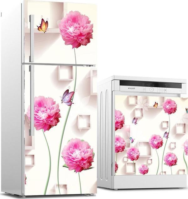Buzdolabı ve Bulaşık Makinası Beyaz Eşya Sticker Kaplama Pembe Şakayıklar - Image 1