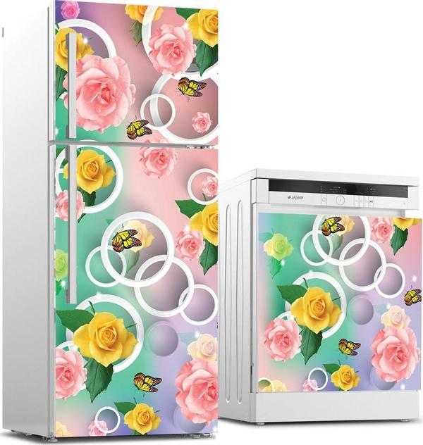 Buzdolabı ve Bulaşık Makinası Beyaz Eşya Sticker Kaplama Sarı Çiçek Kelebek - Image 1