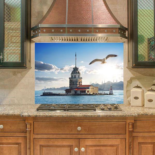 Mutfak Duvar Tezgah Arası Ocak Arkası Sticker Kaplama Kız Kulesi Kuş - Image 1