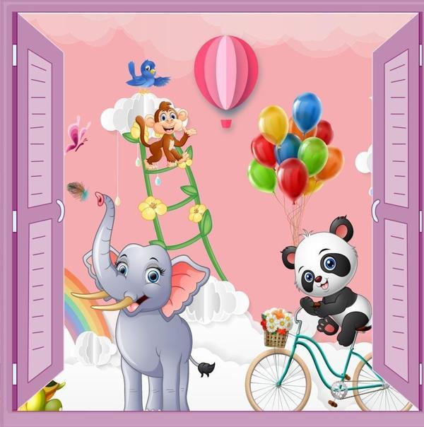 Çocuk Odası Bebek Odası Pencere Poster Duvar Kağıdı Fil Panda - Image 1
