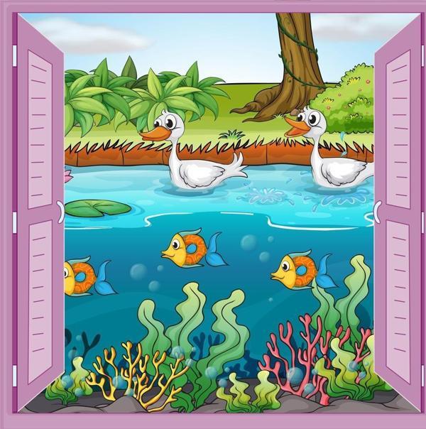 Çocuk Odası Bebek Odası Pencere Poster Duvar Kağıdı Ördek Balık - Image 1