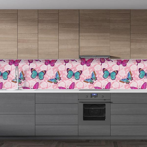 Mutfak Tezgah Arası Folyo Fayans Kaplama Folyosu Pembe Kelebekler 60 x 100 - Image 1