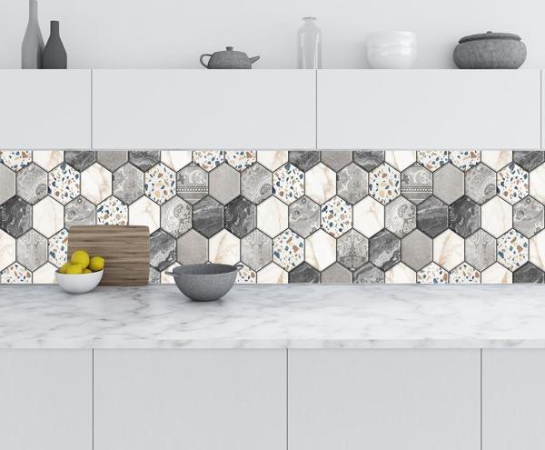 Mutfak Tezgah Arası Folyo Fayans Kaplama Folyosu Renkli Altıgen Mermer 60x500 CM - Image 1