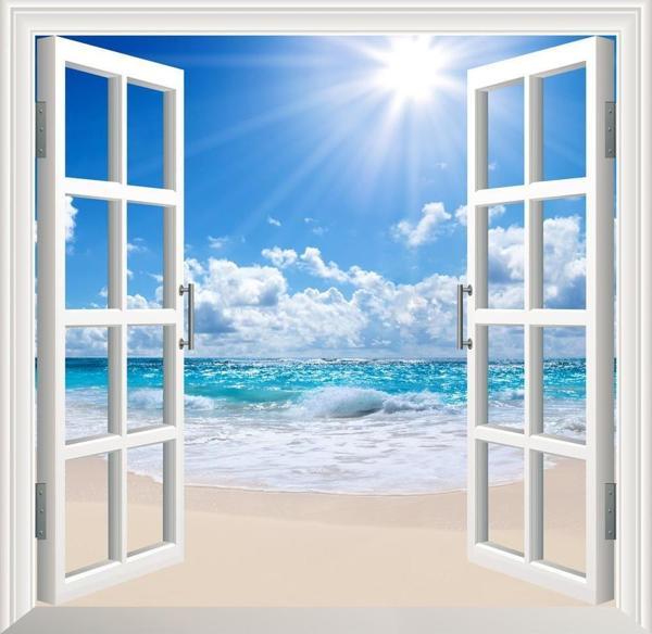 Pencere Poster Duvar Kağıdı Deniz Güneş Yapışkanlı Sticker - Image 1