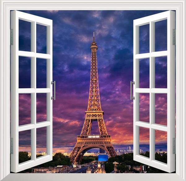 Pencere Poster Duvar Kağıdı Eyfel Kulesi Akşam Yapışkanlı Sticker - Image 1