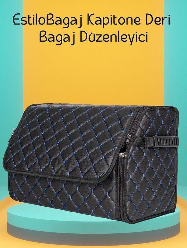 EstiloBagaj Kapitone Deri Oto Bagaj Düzenleyici Siyah Mavi - Image 1