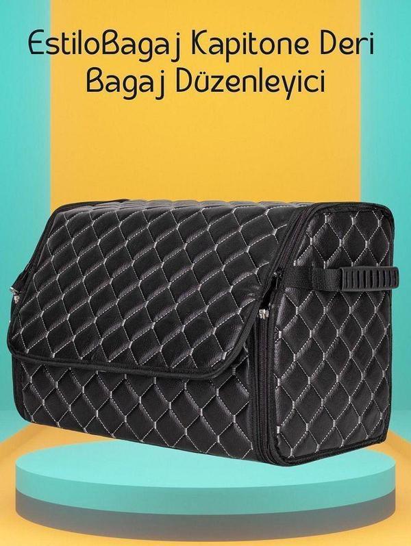 EstiloBagaj Kapitone Deri Oto Bagaj Düzenleyici Siyah Beyaz - Image 1