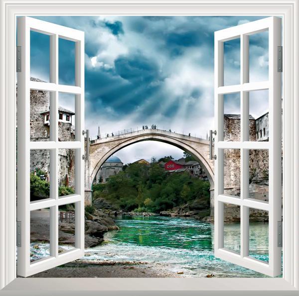 Pencere Poster Duvar Kağıdı Mostar Köprüsü Yapışkanlı Sticker - Image 1