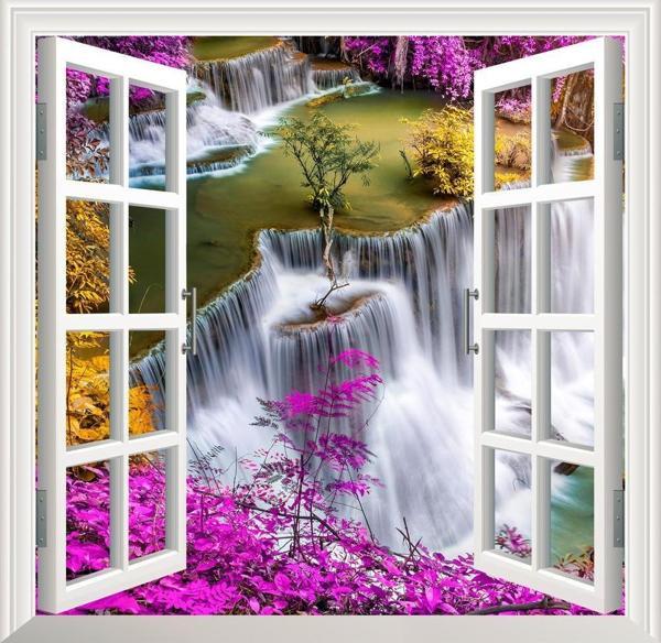 Pencere Poster Duvar Kağıdı Şelale 3D Yapışkanlı Sticker - Image 1