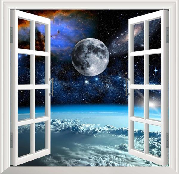 Pencere Poster Duvar Kağıdı Uzay Manzarası 4 Yapışkanlı Sticker - Image 1