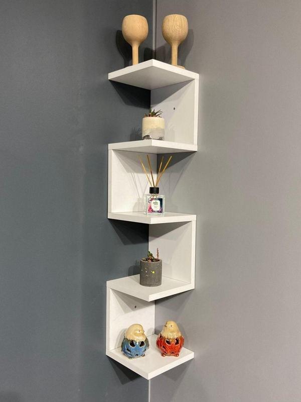 Bicabin Dekoratif Ahşap Modern Zigzag Köşe Duvar Rafı Organizer Beyaz - Image 1