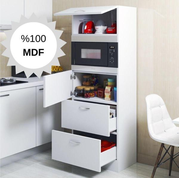 Bicabin Mdf Mikrodalga Fırın Raflı Kapaklı Çekmeceli Çok Amaçlı Hazır Mutfak Dolabı/Mdf Beyaz - Image 1