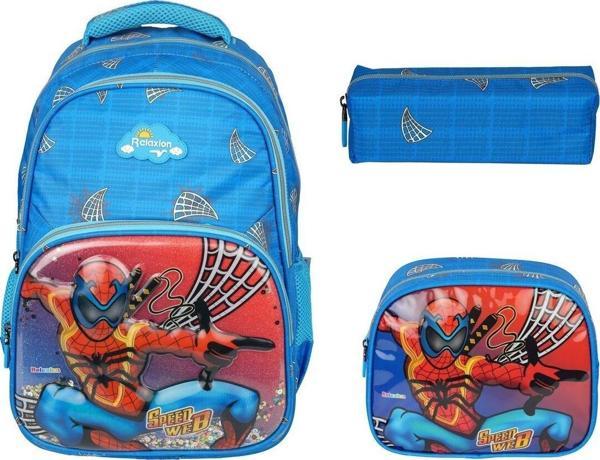 Kabartmalı Örümcek Adam Figürlü 3'lü Ilkokul Çantası Beslenme Kalemlik Seti 1370 - Image 1