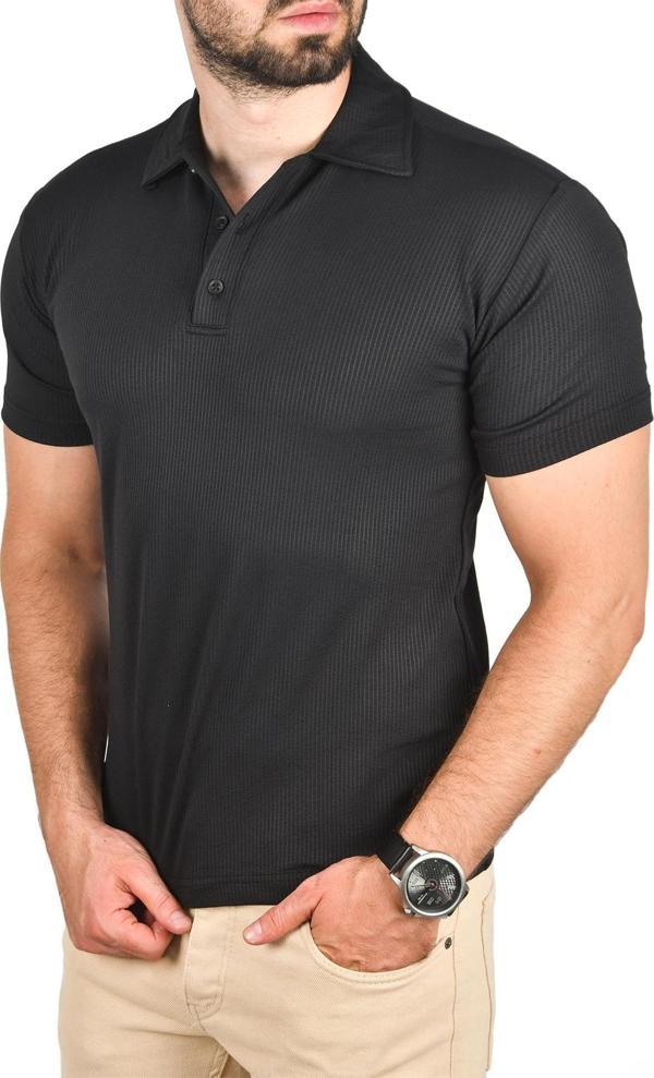 DeepSEA Erkek Siyah Slim Fit Polo Yaka Tişört Dar Kesim Likralı Yakalı Tişört 2501215 - Image 1