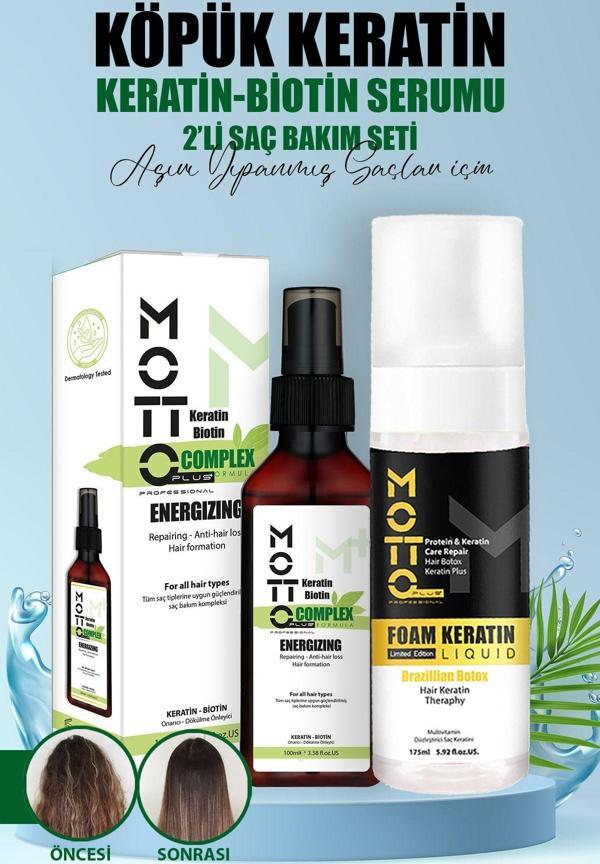 Motto Plus Professional Saç Pürüzsüzleştirici Ve Düzleştirici 2'li Saç Bakım Seti (Köpük Keratin - Keratin & Biotin Seru - Image 1
