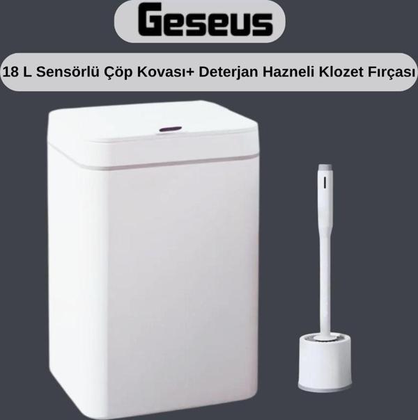 Sensörlü Otomatik Plastik Çöp Kovası 18 Litre + Deterjan Hazneli Silikon Klozet Fırçası - Image 1