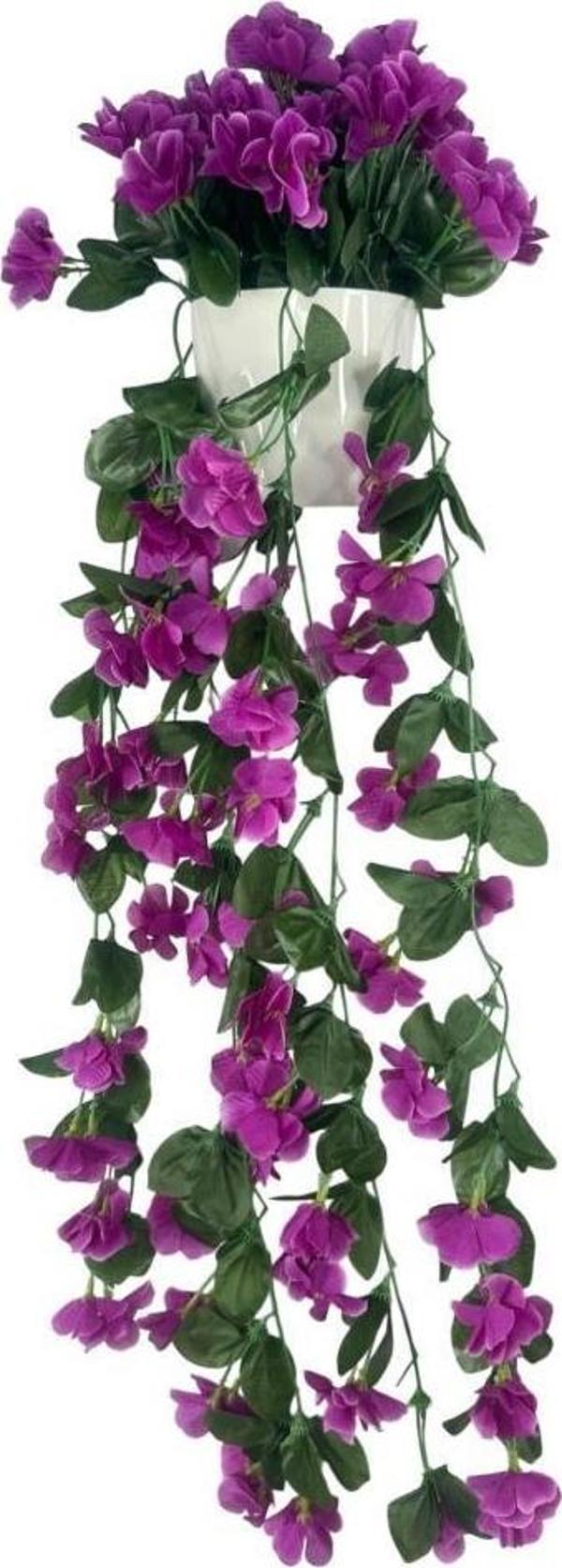 Yapay Çiçek Sarkan Lila Menekşe Krem Rengi Saksıda 4 Sarkan Dallı 70cm  - Image 1
