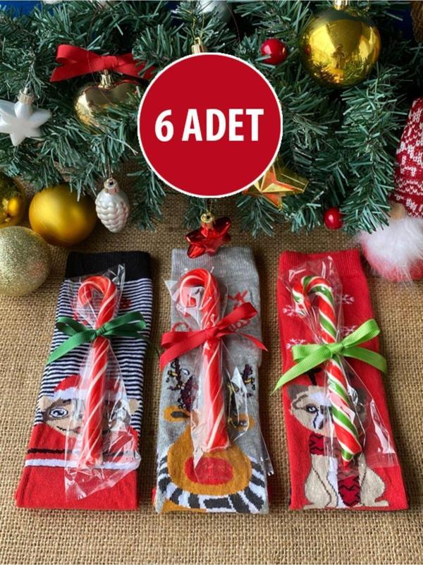 Hepsi Enteresan 6 Adet Baston Şekerli Çorap, Yeni Yıl Hediyesi, Yılbaşı Hediyesi, Baston Şeker, Yılbaşı Çorabı - Image 1
