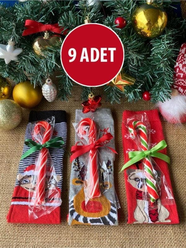 Hepsi Enteresan 9 Adet Baston Şekerli Çorap, Yeni Yıl Hediyesi, Yılbaşı Hediyesi, Baston Şeker, Yılbaşı Çorabı - Image 1