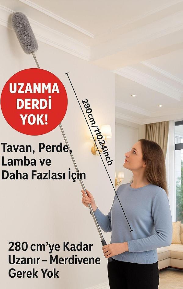 1 Adet 280 Cm Uzayabilir Mikrofiber Yumuşak Başlıklı Toz Alma Püskülü Gri Renk Temizlik Fırçası - Image 1