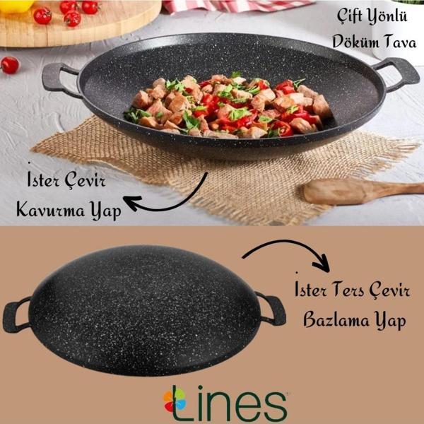Lines Çok Amaçlı Granit Pişirme Tavası - Çift Yönlü Döküm Sac Kavurma Gözleme Tavası - Siyah - Image 1