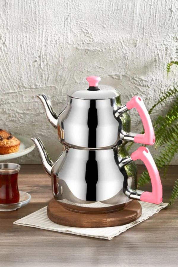 Özkent K-313 Pembe Marmaris Mini Boy Paslanmaz Çelik Indüksiyon Tabanlı Çaydanlık Takımı 0.7-1.2 Lt - Image 1