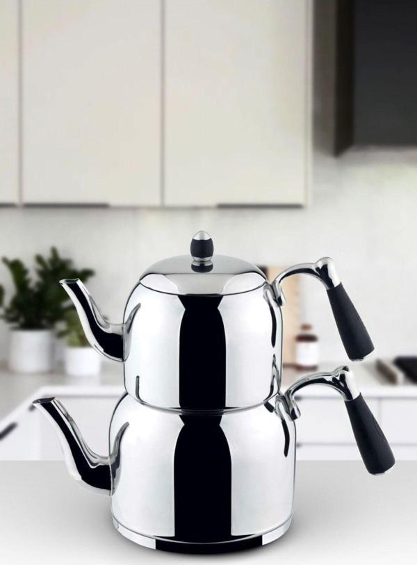 Özkent K-378 Armine Mega Aile Boy 4,9 Litre Çelik Çaydanlık Siyah - Image 1