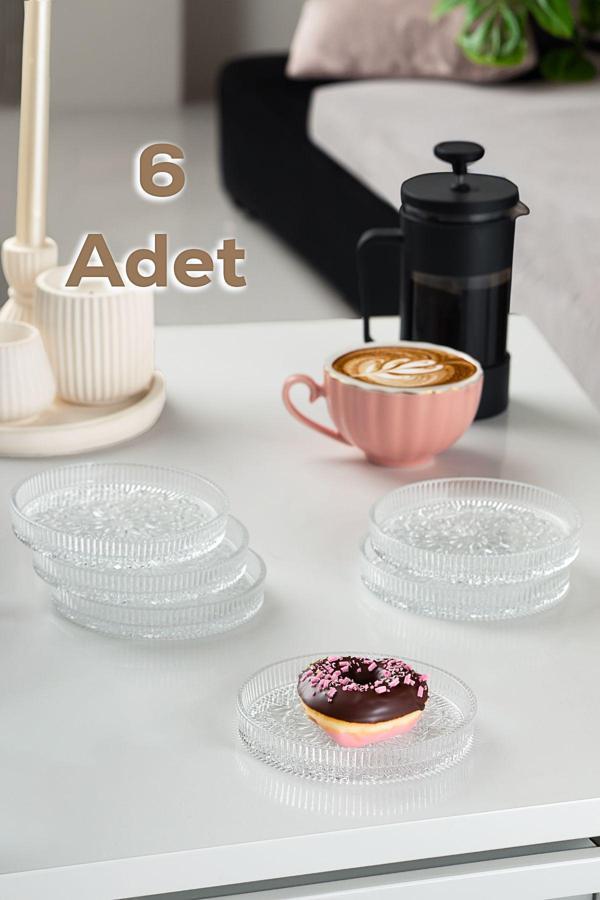 Porsima  Rüya Desenli Dik Tabak - 6 Lı Cam Sunumluk Pasta Kurabiye Kek İkram Servis Tabağı-12 Cm - Image 1
