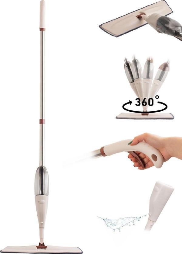 Porsima 13279 Deterjan Hazneli 360 Derece Dönebilen Sprey Mop Yedek Bezli Temizlik Yer Paspası - Krem - Image 1