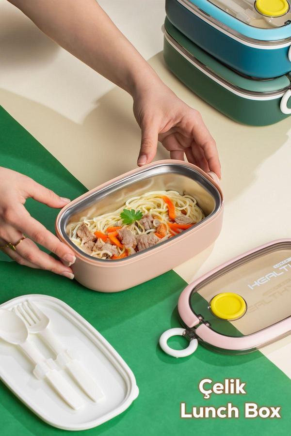 Porsima 3114 Vakumlu Lunch Box Yemek Termosu Kolay Kilitlenir Kendinden Kaşıklı Sefer Tası – 750ml Pembe - Image 1