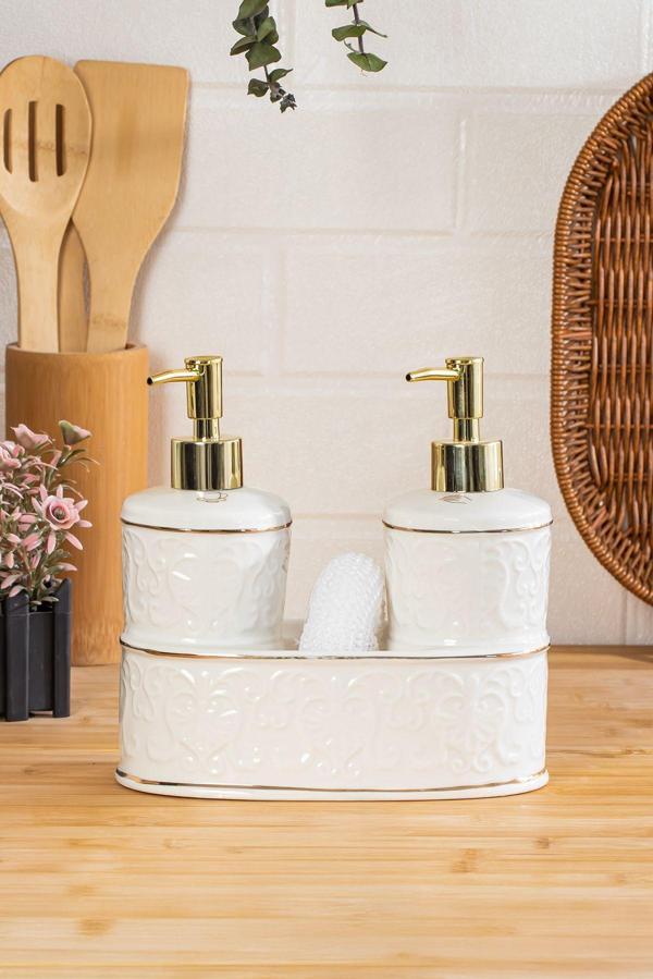 Porsima 3116 Gold Kapaklı Porselen Süngerli 2li Sıvı Sabunluk – Beyaz 350+350 ml - Image 1