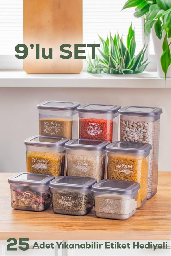 Porsima 433-GR-3 9 lu Kare Etiketli Gıda Erzak Baharat Saklama Kabı Seti 3x(0.60+1.30+1.90) Lt Gri - Image 1