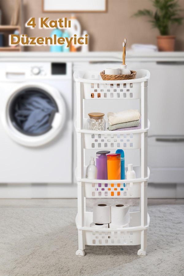 Porsima 79-1 4 Katlı Tekerlekli Organizer Raf  Çok Amaçlı Mutfak Banyo Düzenleyici Raf Ünitesi Beyaz - Image 1