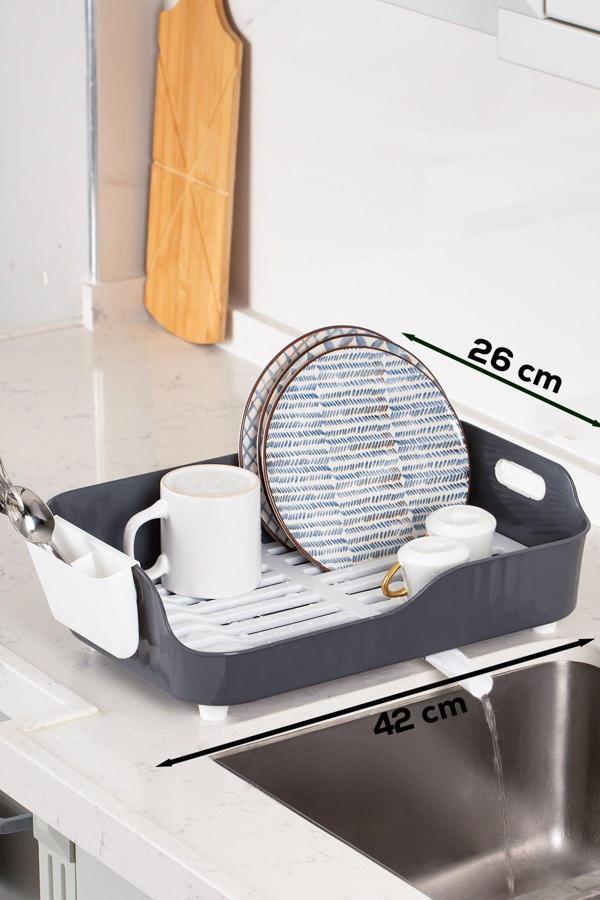 Porsima AKL-060 Gri Lüks Tabaklık Bulaşıklık-Yönlendirilebilir Su Akıtma Kanallı Bulaşık Sepeti - Image 1