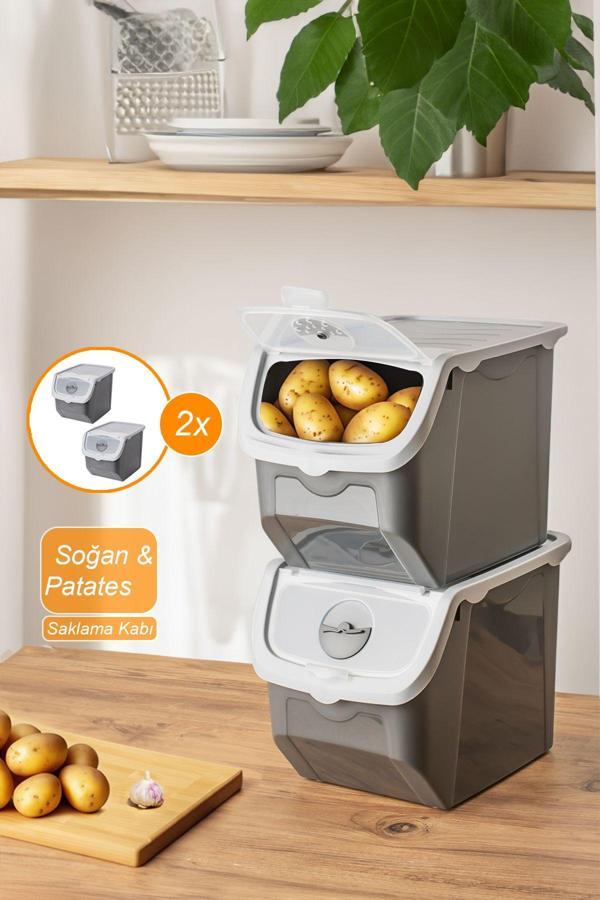 Porsima Coral 2 li Çok Amaçlı Plastik Patates Soğan Sarımsak Saklama Kutusu 12 Litre - Gri - Image 1
