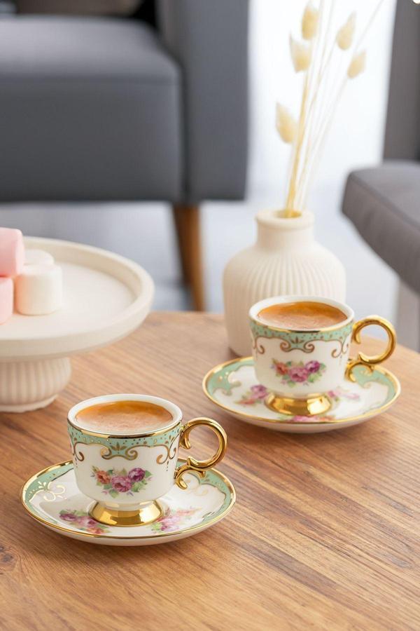 Porsima Ist-169 Yaldızlı 6 Kişilik Porselen Fincan Takımı-yeşil-90 ml - Image 1
