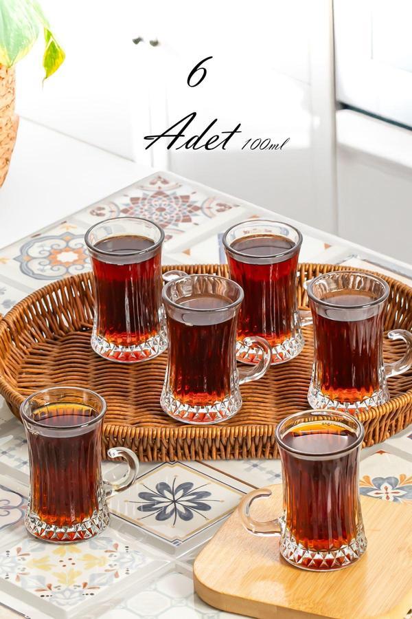 Porsima London 6 Parça 6 Kişilik Çay Bardağı – 100 ml Cam Kulplu Çay Bardak Takımı - Image 1