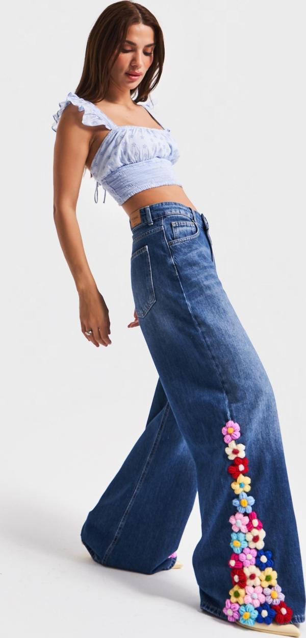 Kadın Mavi Renk 2w5-5 Palazzo Fit Renkli Çiçek Örgü İşlemeli Özel Tasarım Denim Jean - Image 1