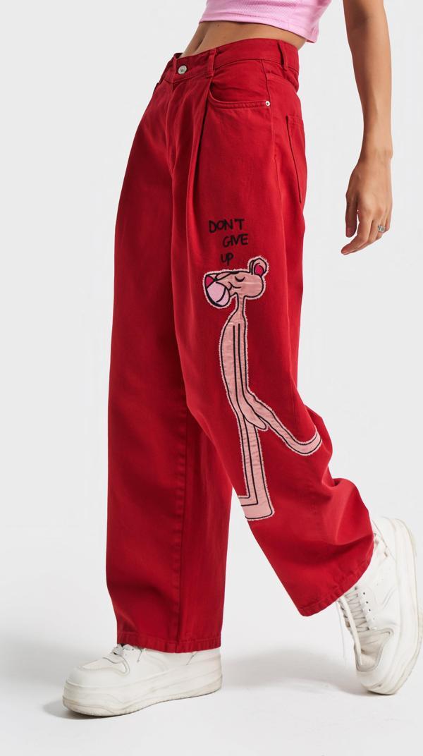 Kadın Kırmızı Renk 6s5-19 Wide Pleat Leg Rahat Kesim Panter Nakışlı Tasarım Denim Jean - Image 1