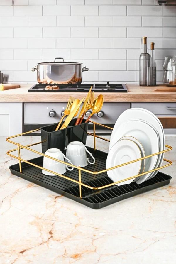 Gold Bulaşıklık Kurutma Sepeti | Tek Katlı Tabaklık & Çatal Kaşıklık Düzenleyici - Image 1
