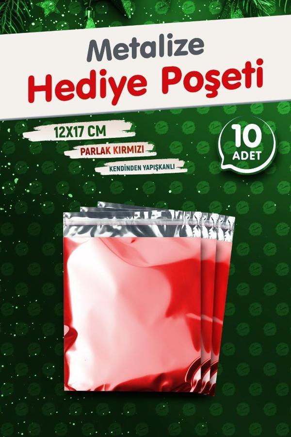 Yapışkanlı Metalize Hediye Paketi Poşeti 12x17cm Kırmızı 10 Adet  Yeni Yıl Yılbaşı Hediye Paketi -T1085 - Image 1