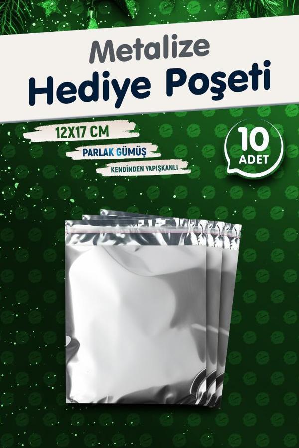 Yapışkanlı Metalize Hediye Paketi Poşeti 12x17cm Gümüş 10 Adet  Yeni Yıl Yılbaşı Hediye Paketi -T1087 - Image 1