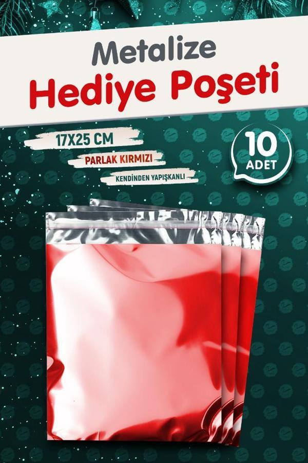 Yapışkanlı Metalize Hediye Paketi Poşeti 17x25cm Kırmızı 10 Adet  Yeni Yıl Yılbaşı Hediye Paketi -T1088 - Image 1