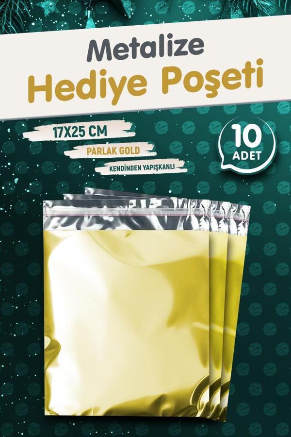Yapışkanlı Metalize Hediye Paketi Poşeti 17x25cm Gold 10 Adet  Yeni Yıl Yılbaşı Hediye Paketi -T1089 - Image 1